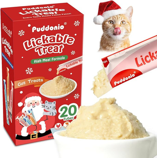 Christmas Cat Treats, High-Meat Lickable Puree, Grain & Gum Free, for Cats, All-Natural Protein Snacks, 0.5oz Tubes (Pack of 20)