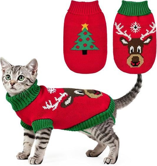 2PCS Puppy Christmas Sweater Cat Turtleneck Knitwear Xmas Elk Outfits Dog Christmas Tree Pattern Warm Clothes Sweater for Kitties Puppies M