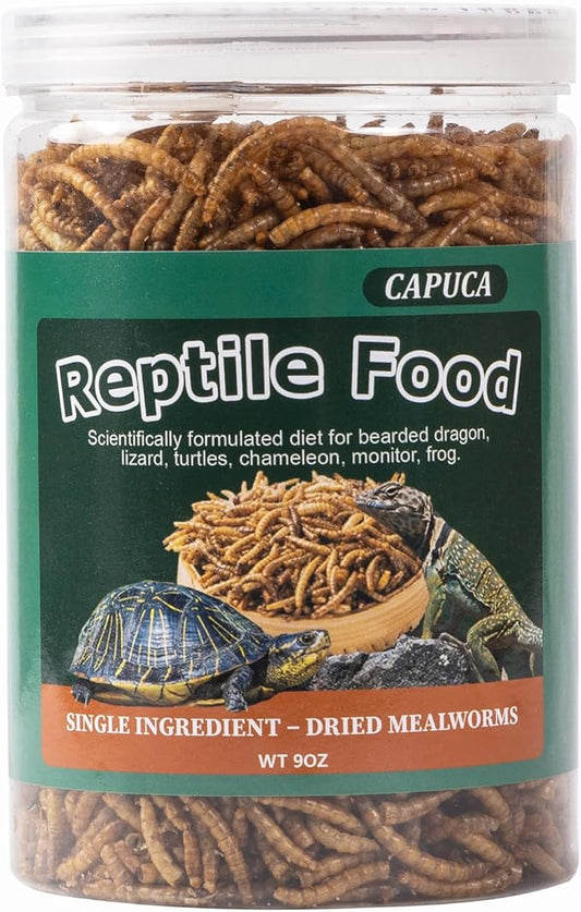 Dried Mealworm for Reptiles - High Protein Reptile Food for Bearded Dragons Turtles, Geckos, Snakes, Frogs Chickens, Birds, Hamsters & Hedgehogs（9oz）