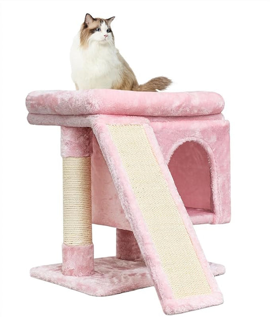 SYANDLVY Small Pink Cat Tree with Perch for Indoor Cats, Cat Tower with Scratching Post, Modern Activity House for Large Cats, Condo with Board, Kittens Cave
