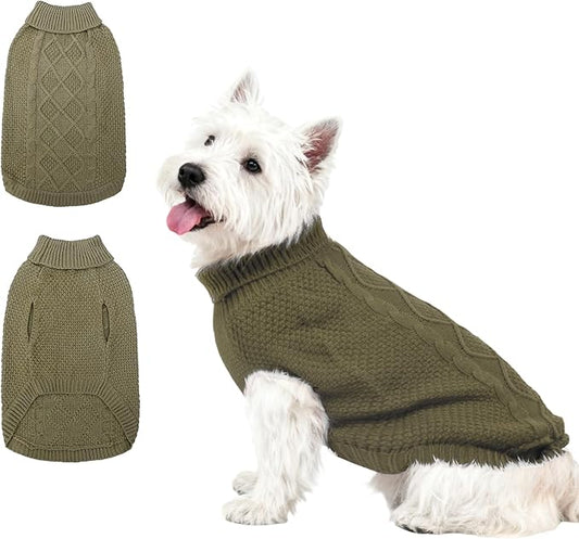 Mihachi Turtleneck Dog Sweater - Winter Coat Apparel Classic Cable Knit Clothes with Leash Hole for Cold Weather, Ideal Gift for Pet in New Year Army Green New SM