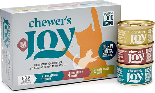 Chewer's Joy Wet Cat Food Variety Pack ??3 Flavors: Tuna & Salmon, Chicken & Turkey ??Natural Pâté ??High Protein ??Grain Free ??Complete & Balanced Nutrition ??12 Cans (3 oz)