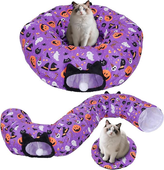 Tidjani Halloween Cat Tunnel, Cat Tunnels for Indoor Cats, Foldable Pet Donut Bed with Washable Mat and Dangling Balls, Pumpkins Spider Candy Pattern Decor, Pet Halloween Toys Gifts