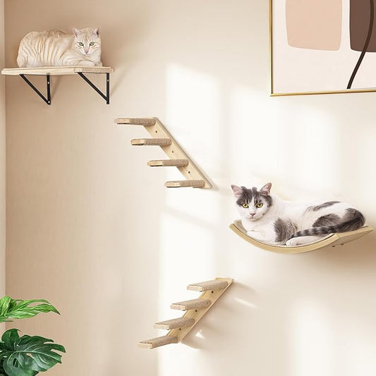 Cat Wall Shelves Set with Sisal Cats Window Perch, 4 Piece Wood Climbing Furniture with Curved Sisal Bed, Flat Shelf & Two Wall-Mounted 4 Steps Cat Stairs