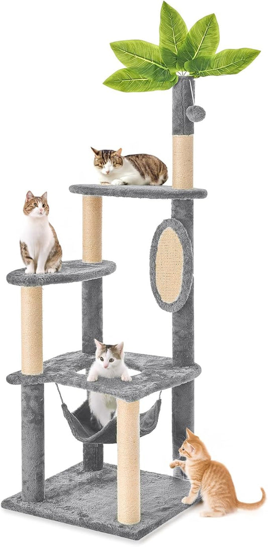 55 Inch Large Cat Tree Tower for Indoor Cats with Hammock Green Leaves Sisal Scratching Post, Plush Hang Ball Play Furniture for Kittens & Adult Cats, Grey