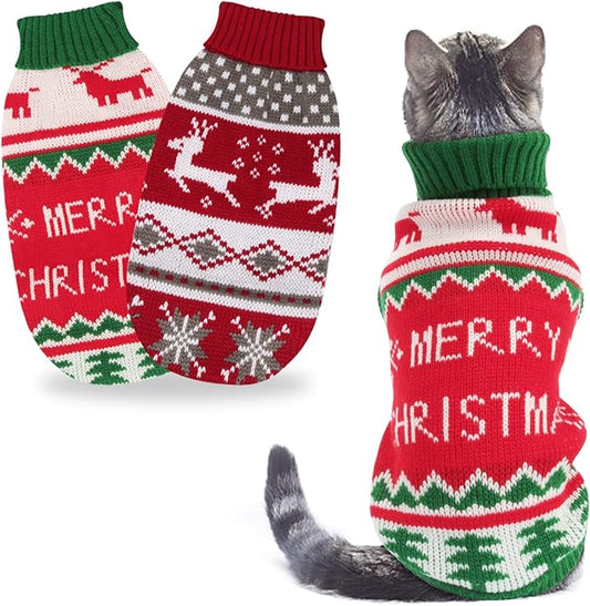 BWOGUE 2 Packs Cat Christmas Sweater Christmas Dog Sweaters Pet Cat Winter Knitwear Warm Clothes Pet Reindeer Snowflake Pet Sweaters for Kittys and Small Dogs