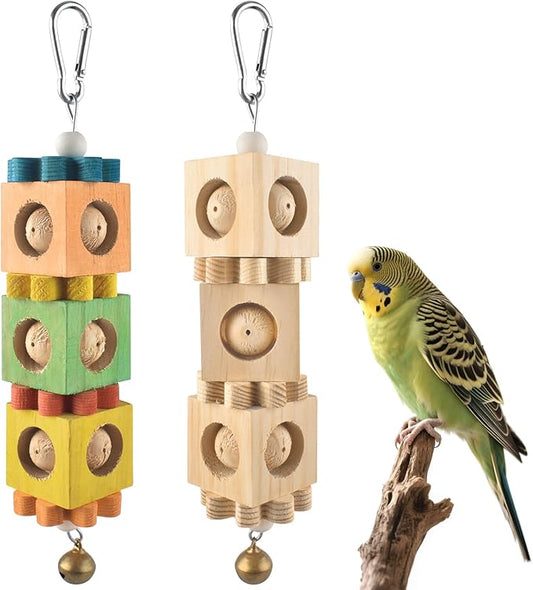 2Pcs Bird Chew Toys for Beak Grinding, Hanging Rotating Wood Block with Bell Parrot Foraging Enrichment Toy for Small to Medium Cocktiel, Conure, Caique