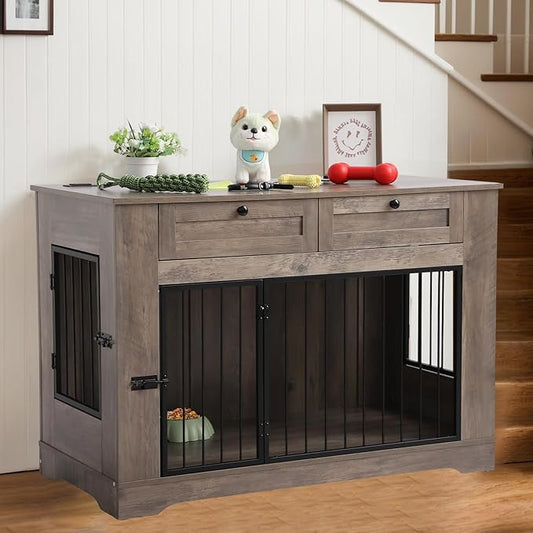 Large Dog Crate Furniture-Decorative Heavy Duty Dog Cage Indoor, Wooden Dog Cage End Table with Charging Station, Dog House with 2 Drawers (Gray, 47.2''L)