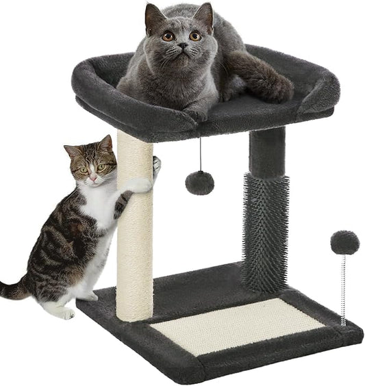 Made4Pets Small Cat Tree Tower, Cat Scratching Post 4-in-1 with Cat Self Groomer Brush, 20" Tall Natural Sisal Cat Scratcher, Soft Plush Cat Perch Bed with Dangling Ball for Indoor Kittens, Dark Grey