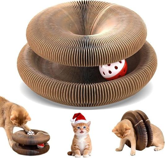 1 Pack Cat Scratcher Toy with Balls Bells, Magic Organ Foldable Cat Scratching Board for Kitten, Interactive Toys for Indoor Adult Cats Exercise Anxiety Relief, Auburn