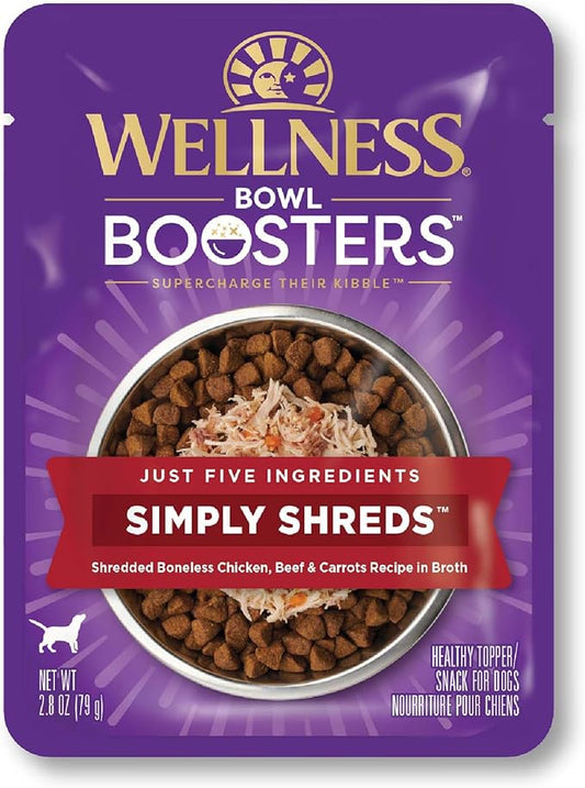 Wellness Bowl Boosters Simply Shreds Wet Dog Food Topper for Small, Medium, & Large Breeds, Grain Free, Natural, Chicken, Beef & Carrots, 2.8 Ounce Pouch (Pack of 12)