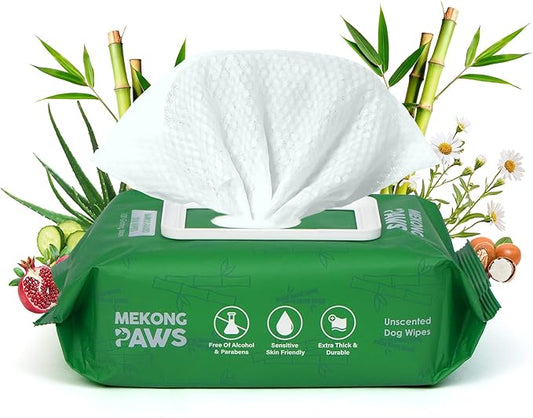Unscented Pet Grooming Wipes - Natural Bamboo Fiber - Cleansing Wipes for Dog & Cat - Soft & Caring for Sensitive Skin - Durable & Tear Resistant for Paw, Coat & Bum Freshening - 100 Count
