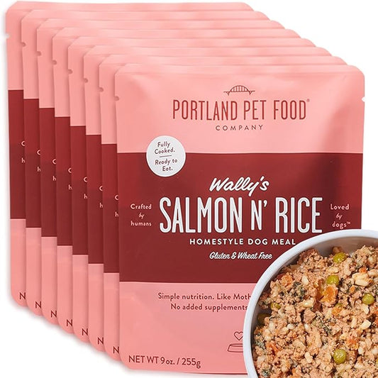 Portland Pet Food Company Wally?™s Salmon N??Rice Fresh Dog Food Pouches Human-Grade, Gluten-Free Wet Pet Meal Toppers Mix-Ins & Meals - Large & Small Breed, Puppy to Senior - Made in the USA - 8 Pack