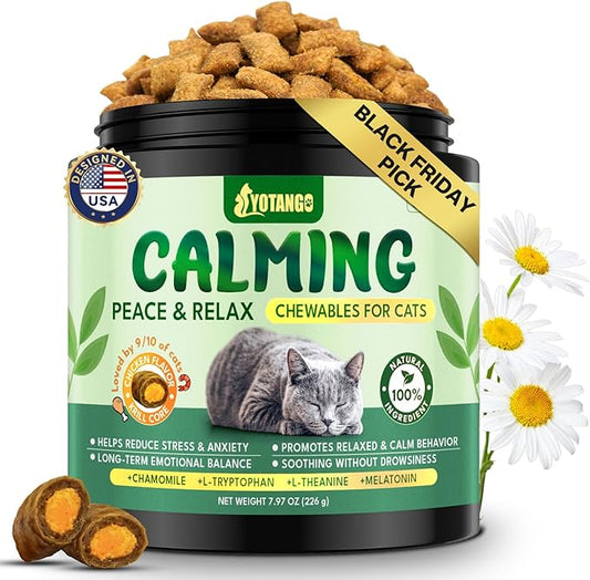 YOTANGO Cat Calming Treats ??500 Crunchy Calming Chews for Cats Kittens, Anxiety Relief & Stress Reduction for Travel, Thunder, Vet Visits, with Chamomile, L-Theanine & L-Tryptophan (Chicken Flavor)