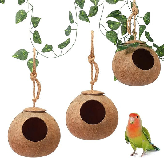 Skylety 3 Pcs Coconut Bird Nest Hut Hanging Bird House Coconut Hide with 6.9 Feet Fake Vines Coconut Fiber Shell Small Bird Cage Accessories for Parrot Parakeet Canary Reptile Crested Gecko Hamster