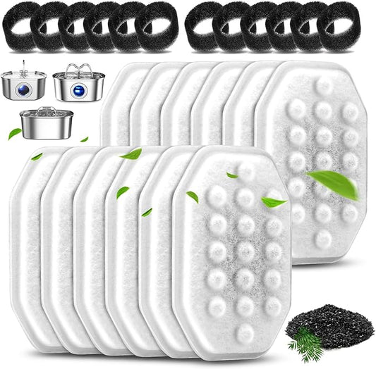 12 Pack Cat Water Fountain Filters with 12 Pack Pre-Filter Sponges Set for 3.2L/108oz Pet Cat Water Fountain, Pet Fountain Filter Replacement