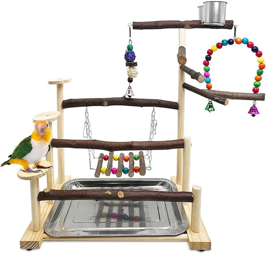 Kathson Wood Bird Playground Parrot Play Stand Bird Stand with Feeder Cups Birds Perch Stand with Ladder Hanging Swing Chewing Toys Conure Cage Accessories for Parakeet Conure Lovebird Cockatiel