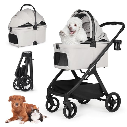 X-5 Luxury Pet Stroller for Medium Dog Under 55lbs or 2 Small Dogs & Cats, One-Touch Folding, Adjustable Handle and Detachable Carrier (Grey)