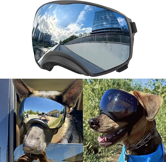 NAMSAN Dog Goggles for Large Dogs, Black/Silver Lenses Replaceable, Dog Sunglasses Medium to Large Breed, Anti-UV Doggie Eye Protection, Adjustable Driving Glasses, Windproof Dustproof, Black