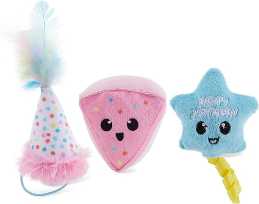 Catstages Happy Purrthday Cat Toys, 3-Pack Catnip Plush Toys with Crinkle, Feathers & Dental Mesh, Multicolored