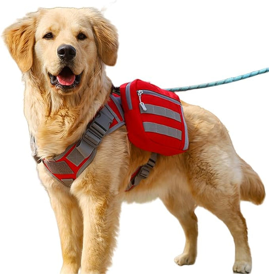 x Jumahe Dog Hiking Backpacks, for 85-125 lbs Large - Giant Dogs, Dog Hiking Back Pack, 5 Adjustable Buckles, Large Capacity 2 Spacious Side Bags, Breathable Waterproof Fabric (Red)