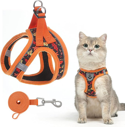SCENEREAL Fall Thanksgiving Cat Harness and Leash Set Escape Proof, Soft Mesh Kitten Harness for Walking Travel, Reflective Adjustable Pet Vest with Leaf Print for Cat Puppy, M