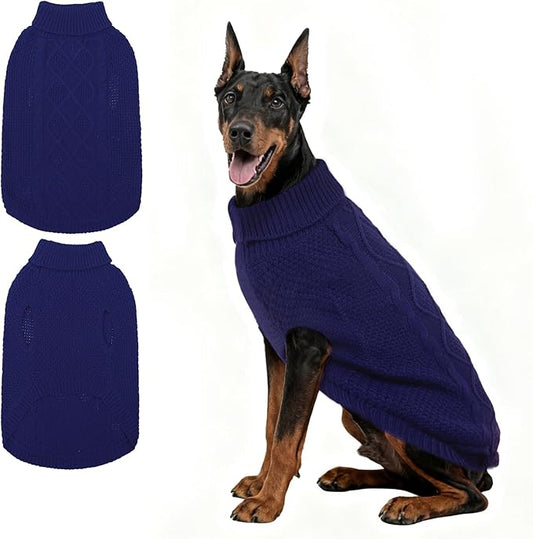Mihachi Turtleneck Dog Sweater - Winter Coat Apparel Classic Cable Knit Clothes with Leash Hole for Cold Weather, Ideal Gift for Pet in New Year Navy Blue 2XL