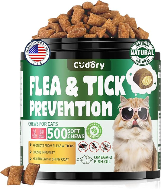 Flea and Tick Prevention for Cats ??500 Crunchy & Creamy Chews, Cat Flea Chewables with Skin & Coat Support ??Oral Supplement for All Breeds & Ages ??Natural Chicken Flavor