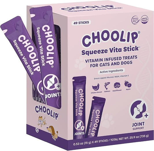 Choolip Squeeze Vita Stick Lickable Cat and Dog Treats ??49-Count Joint Support Sticks with Multivitamins, Soft Squeezable Paste for All Life Stages, Supporting Joint Health