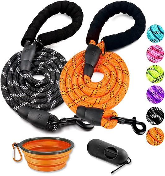 COOYOO 2 Pack Dog Leash 4 FT Heavy Duty - Comfortable Padded Handle - Reflective Dog Leash for Medium Large Dogs with Collapsible Pet Bowl Set 7-Black+Orange