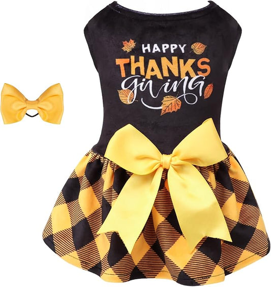 CuteBone Happy Thanksgiving Day Dog Fall Dress Costume Velvet for Small Dogs Girl Puppy Dresses Yellow Plaid Dog Clothes CVA03M-D