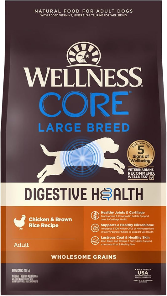 Wellness CORE Digestive Health Dry Dog Food, Large Breed, Wholesome Grains, Natural, Recipe for Dogs with Sensitive Stomachs, Chicken, (24-Pound Bag)