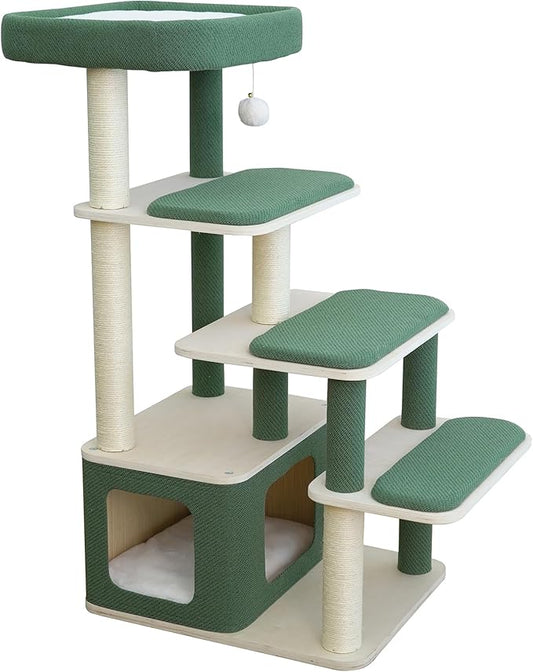 43.5??Medium Cat Tree Tower with Natural Sisal Scratching Posts & Removable Bed - for Large/Short-Legged/Elderly Cats - Large Top Perch, Semi-Enclosed Bed, Easy Climb Steps, Indoor Multi-Cat Use