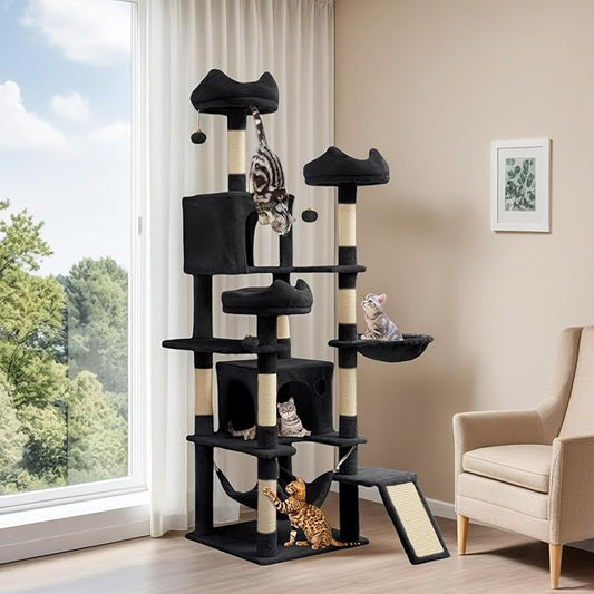 YITAHOME 75-Inch Tall Cat Tree Indoor: Multi-Level Kitten Tower with Kitty Condos, Top Perches, Sisal Ramp, Scratching Posts & Cozy Basket Hammocks Pet Play House Black