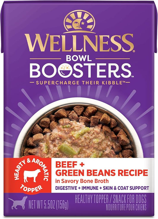 Wellness Bowl Boosters Hearty Toppers, Wet Dog Food Topper for Small, Medium, & Large Breeds, Grain Free, Natural, Beef & Green Beans in Broth, 5.5 Ounce Pouch (Pack of 12)