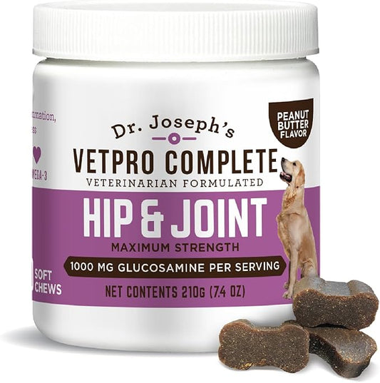 Dr. Joseph's VetPro Complete Peanut Butter Hip and Joint Dog Chews, 60 Count, Pain and Inflammation Relief with Glucosamine, Chondroitin, MSM, Turmeric, Vitamin C, Omega 3, Treats Hip Dysplasia