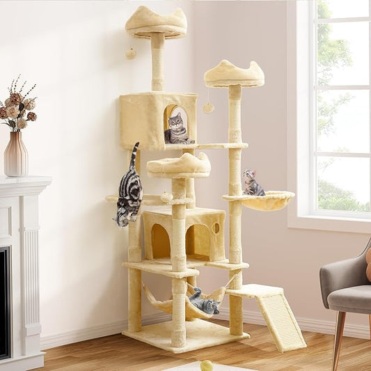 YITAHOME 75-Inch Tall Cat Tree Indoor: Multi-Level Kitten Tower with Kitty Condos, Top Perches, Sisal Ramp, Scratching Posts & Cozy Basket Hammocks Pet Play House,Beige