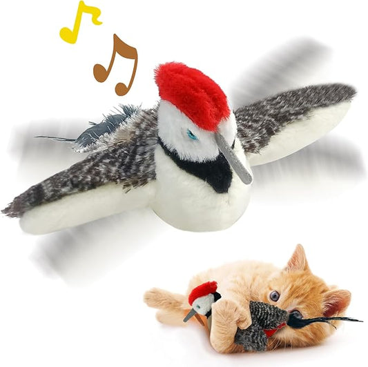 Cat Toys, Flapping Wings Woodpecker, No Flying, Chirping Bird Interactive Catnip Toy for Kitten or Small Dogs, Touch Activated, Rechargeable, 3 Modes