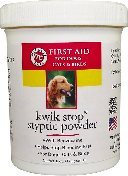Miracle Care Kwik Stop Styptic Powder for Dogs, Cats and Birds, 6 Ounce, Fast-Acting Blood Stop Powder with Pain Relieving Benzocaine