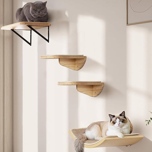 Wood Cat Wall Shelves with Sisal Cats Window Perch, Wall Mounted 4-Piece Cat Climbing Set with Curved Bed, Flat Perch and Sisal-Covered Steps