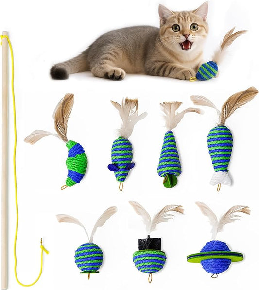 UTEE Cat Toy Set ??Interactive Feather Toys, Jingle Balls & Teaser Wand, Eco-Friendly Paper Rope, Stimulating Indoor Cat Toy Pack for Exercise & Bonding (Green & Blue)