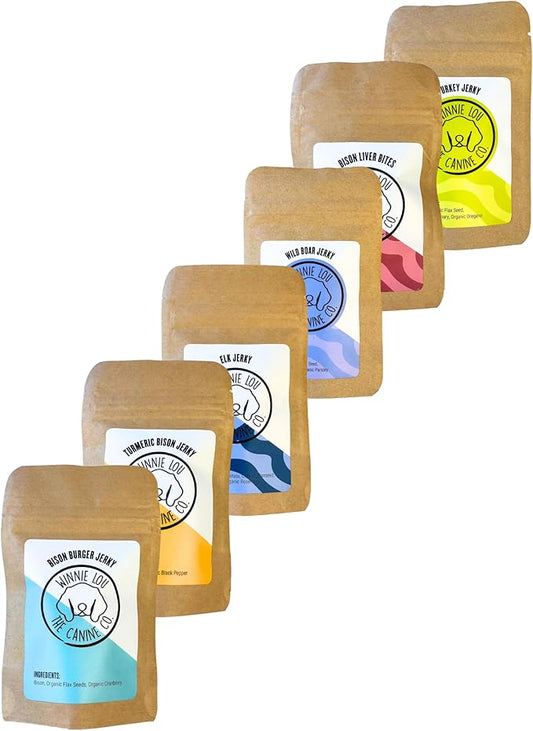 Winnie Lou Organic Healthy Dog Treats ??All Natural Dog Jerky Treats Made in USA with Organic Ingredients from Colorado Farms ??for Small, Medium, Large Dogs - 6 Sample Packs, 2 Treats Per Pack