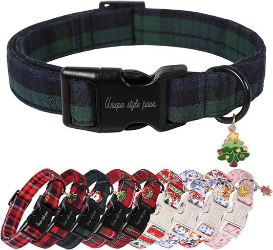 Unique Style Paws Christmas Dog Collar Plastic Buckle with Pendant Green Plaid Cotton Puppy Collars for Small Medium Large Dogs