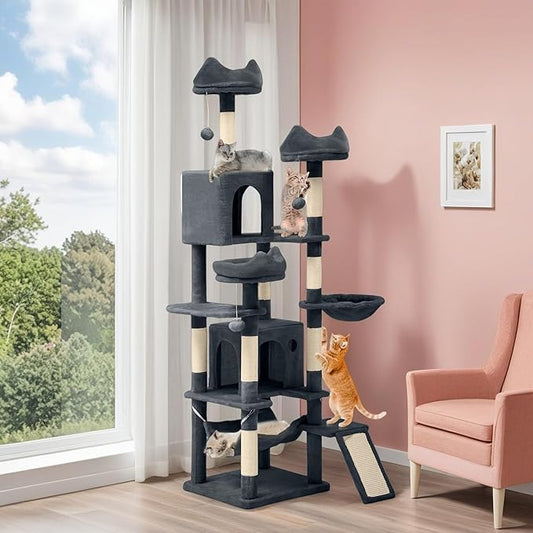 YITAHOME 75-Inch Tall Cat Tree Indoor: Multi-Level Kitten Tower with Kitty Condos, Top Perches, Sisal Ramp, Scratching Posts & Cozy Basket Hammocks Pet Play House Dark Gray