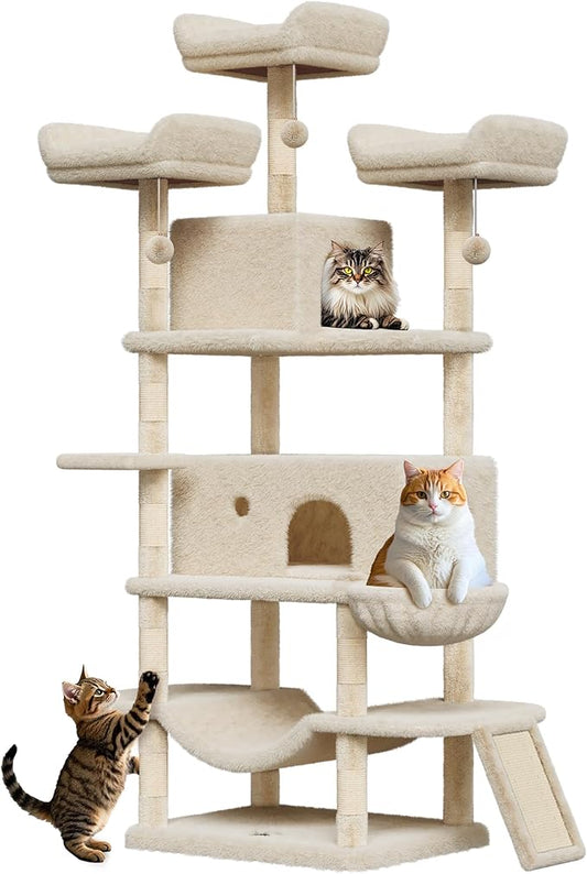 Multi-Level Cat Tree 68.5 in Tall Large Plush Cat Tower with Condos Plush Perches Sisal Scratching Posts Hammocks Basket Dangling Balls for Multiple Pussy and Small Medium Pets