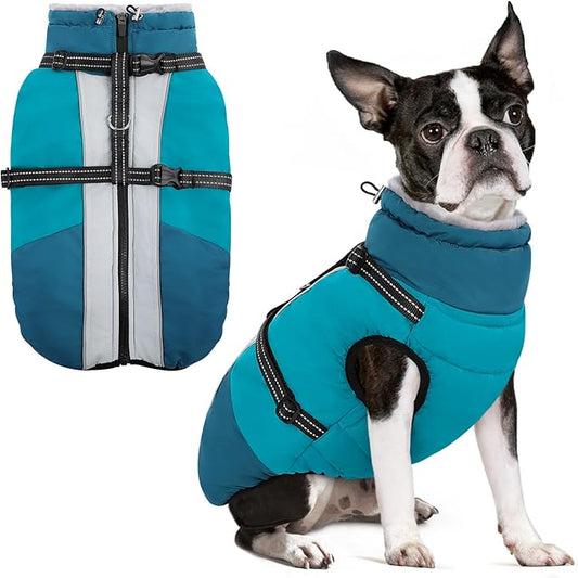 SUNFURA Small Dog Coat with Harness Built-in, Warm Dog Jacket with Zip, Reflective Winter Coat Pet Sweater Clothes for Small Dogs Schnauzer, Yorkshire Terrier, Shih Tzu, Turquoise S