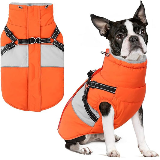 SUNFURA Small Dog Coat with Harness Built in, Warm Dog Jacket Winter with Zipper On Back, Waterproof Pet Snow Jacket Snowsuit Pet Sweater Clothes for Schnauzer, Yorkshire Terrier, Orange S