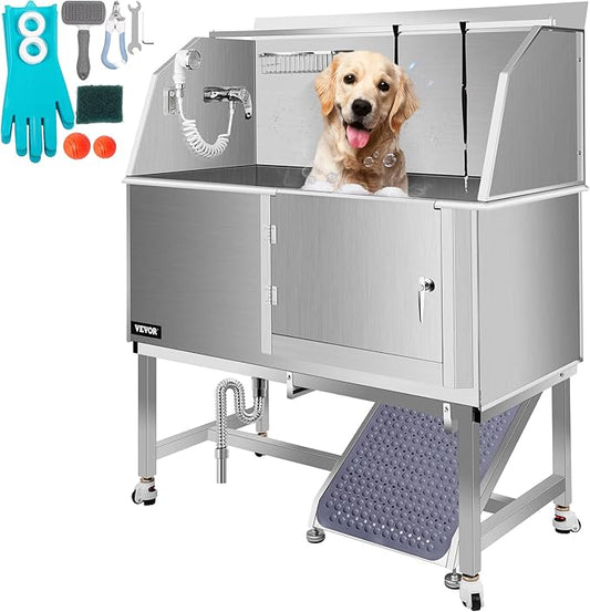 VEVOR Dog Grooming Tub, 50" Right Door Pet Wash Station, Professional Stainless Steel Tub Rated 330LBS Load Capacity, Non-Skid Dog Washing Station Comes with Ramp, Faucet, Sprayer and Drain Kit