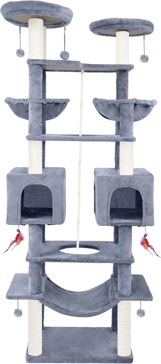 71in Multifunctional Multi-Level Cat Tree Tower for Indoor Cats,Cat Tree with Hammock,2 Condos,2 Hanging Baskets,2 Feather Toys,3 Perches,5 Hanging Balls,7 Scratching Posts,Grey