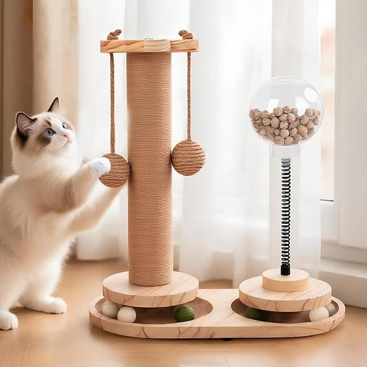 4 in 1 Cat Scratching Post. Wooden Kitten Scratching Post. Kitten Toys for Indoor Cats with Leaky Food Ball and 2 Sisal Hanging Balls. 15.7" Cat Scratcher with 2 Cat Ball Tracks for Kittens